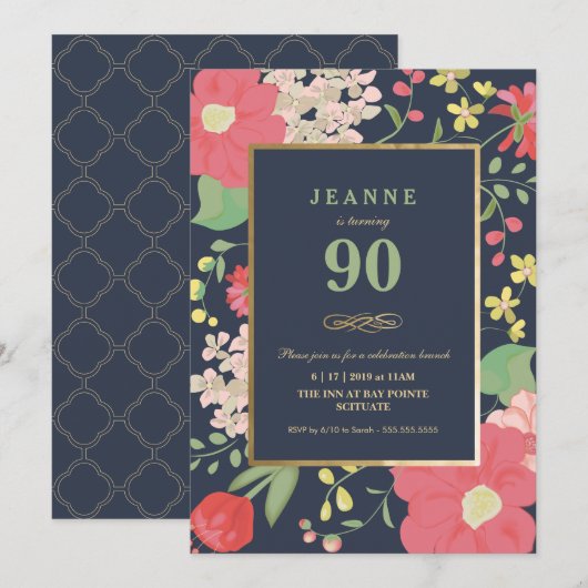 90th Birthday Invitation - Gold, legant Floral Kaart (Voorkant / Achterkant)