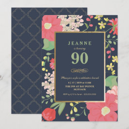 90th Birthday Invitation - Gold, legant Floral Kaart