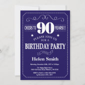 90th Birthday Invitation Navy Blue and White Kaart (Voorkant)
