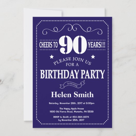90th Birthday Invitation Navy Blue and White Kaart (Voorkant)