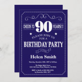 90th Birthday Invitation Navy Blue and White Kaart (Voorkant / Achterkant)
