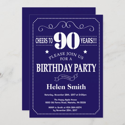 90th Birthday Invitation Navy Blue and White Kaart (Voorkant / Achterkant)