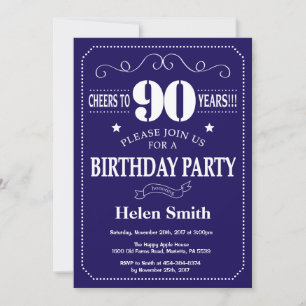 90th Birthday Invitation Navy Blue and White Kaart