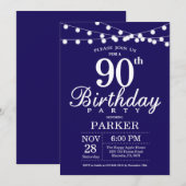 90th Birthday Invitation Navy Blue Kaart (Voorkant / Achterkant)