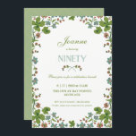 90th Birthday Invitation, Ninetieth  Style Kaart<br><div class="desc">Deze 90e verjaardagsuitnodiging is een stijl, geïnspireerd door een briefkaart van begin jaren '00. Het bevat een lijst groene, blauwe en roze klaverbloemen. De rug heeft een complementaire groene achtergrond met een quatrefoliepatroon dat kan worden veranderd of worden verwijderd. De tekst kan worden aangepast aan uw persoonlijke wensen voor uw...</div>