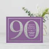 90th Birthday Invitation Paars and Silver Glitter Kaart (Staand voorkant)