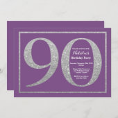 90th Birthday Invitation Paars and Silver Glitter Kaart (Voorkant / Achterkant)