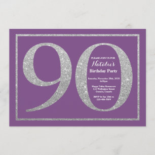 90th Birthday Invitation Paars and Silver Glitter Kaart