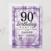 90th Birthday Invitation Paars Glitter Kaart (Voorkant)