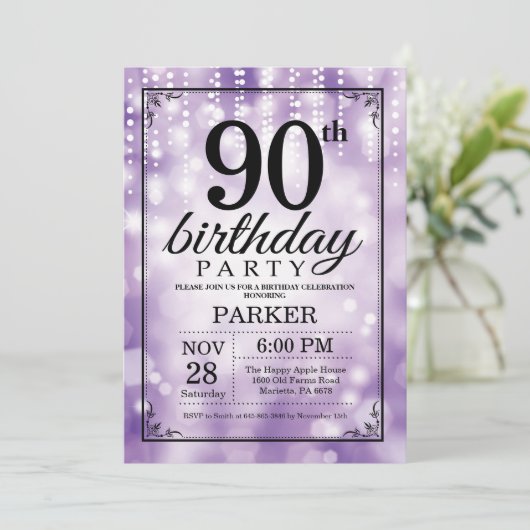 90th Birthday Invitation Paars Glitter Kaart (Staand voorkant)
