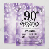 90th Birthday Invitation Paars Glitter Kaart (Voorkant / Achterkant)