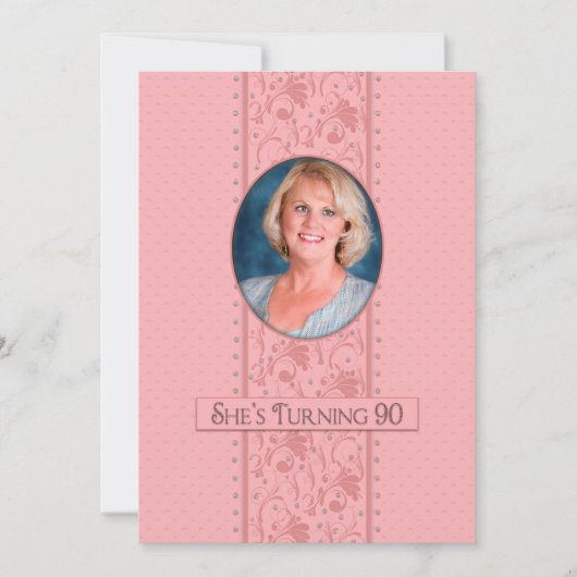 90th Birthday Invitation, Pink and Feminine, Foto Kaart (Voorkant)
