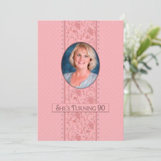 90th Birthday Invitation, Pink and Feminine, Foto Kaart (Staand voorkant)
