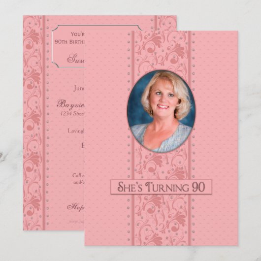 90th Birthday Invitation, Pink and Feminine, Foto Kaart (Voorkant / Achterkant)