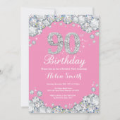 90th Birthday Invitation Pink and Silver Diamond Kaart (Voorkant)