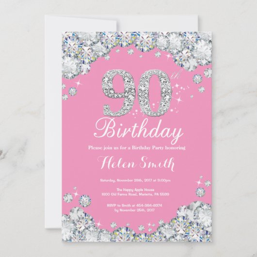 90th Birthday Invitation Pink and Silver Diamond Kaart (Voorkant)