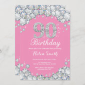 90th Birthday Invitation Pink and Silver Diamond Kaart (Voorkant / Achterkant)