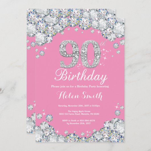 90th Birthday Invitation Pink and Silver Diamond Kaart (Voorkant / Achterkant)