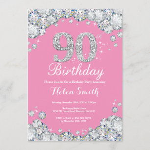 90th Birthday Invitation Pink and Silver Diamond Kaart