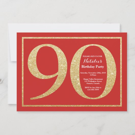 90th Birthday Invitation Red and Gold Glitter Kaart (Voorkant)