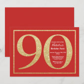 90th Birthday Invitation Red and Gold Glitter Kaart (Voorkant / Achterkant)