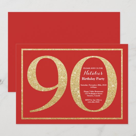 90th Birthday Invitation Red and Gold Glitter Kaart (Voorkant / Achterkant)