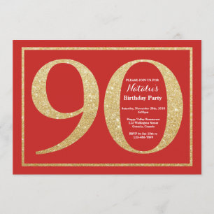 90th Birthday Invitation Red and Gold Glitter Kaart