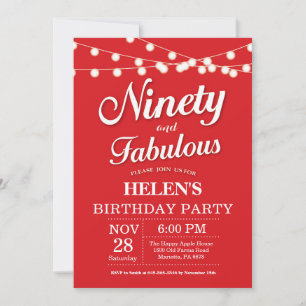 90th Birthday Invitation Red Fabulous Kaart