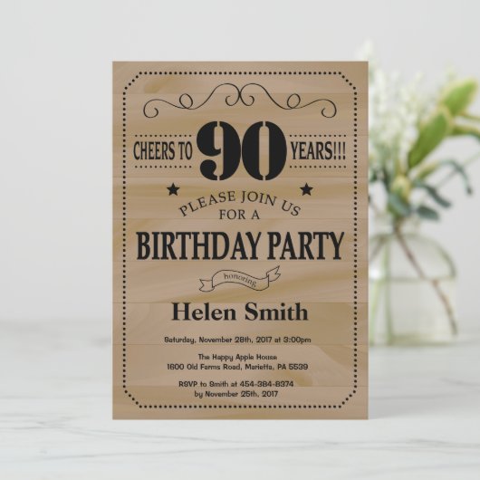 90th Birthday Invitation Rustic Wood Kaart (Staand voorkant)