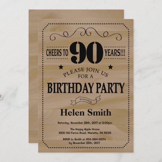 90th Birthday Invitation Rustic Wood Kaart (Voorkant / Achterkant)