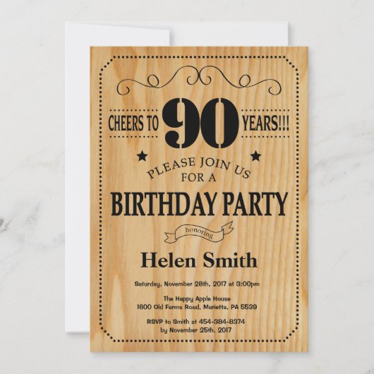 90th Birthday Invitation Rustic Wood Kaart (Voorkant)