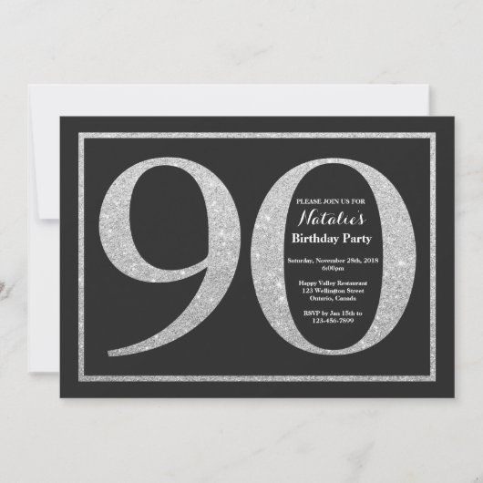 90th Birthday Invitation Silver Glitter Chalkboard Kaart (Voorkant)