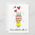 90th Birthday Invitation Woman with Cake Humor Kaart<br><div class="desc">Je familie en vrienden zullen van deze Uitnodigingskaart houden! Laat ze weten wat je 90ste verjaardag is met dit kleurrijke design vol humor. Een vrouw die een gele jurk draagt,  houdt een roze cake met kaarsen,  allemaal onder de drie rode harten.</div>