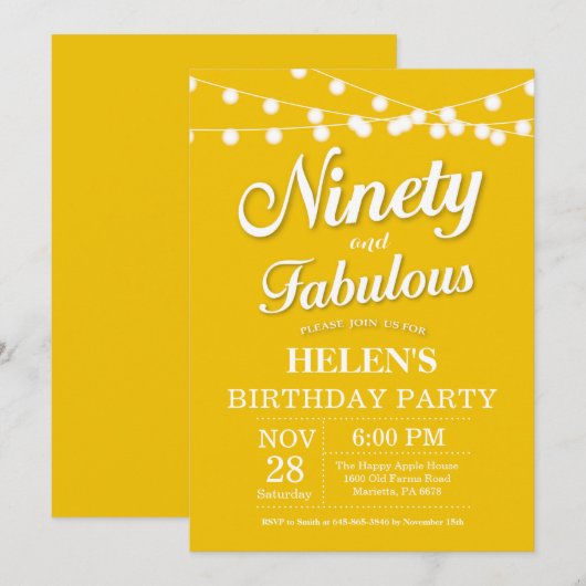 90th Birthday Invitation Yellow Fabulous Kaart (Voorkant / Achterkant)