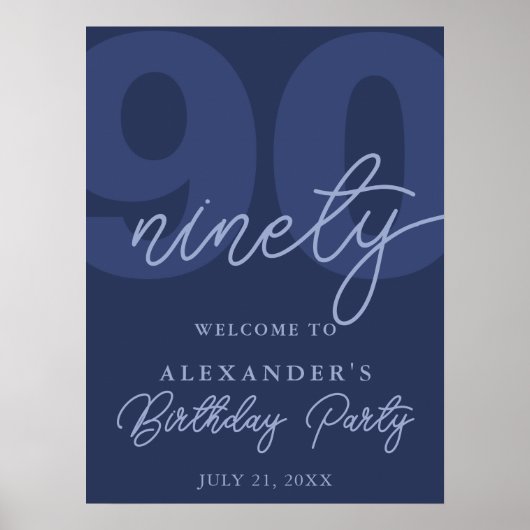 90th Birthday Modern Minimalist Navy Welcome Sign Poster (Voorkant)