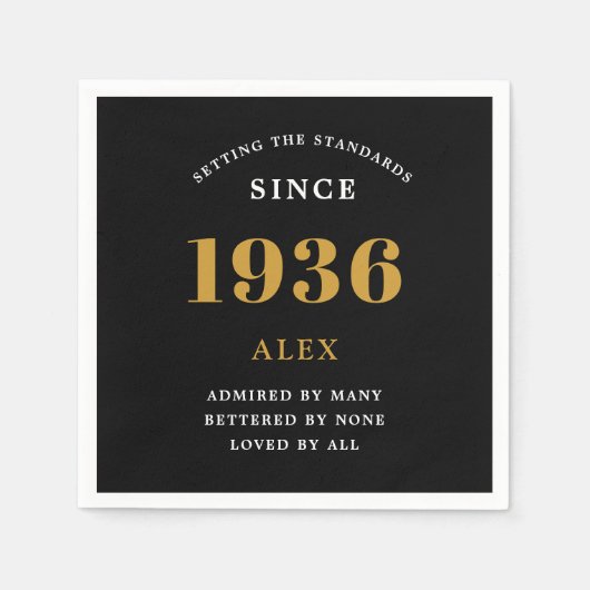 90th Birthday Name 1936 Black Gold Elegant Chic Servet (Voorkant)