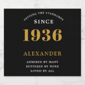 90th Birthday Name 1936 Black Gold Elegant Chic Sparkling Wijnetiket (Enkel label)