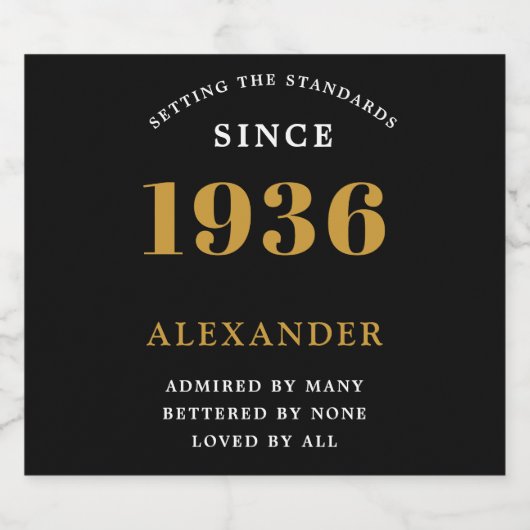 90th Birthday Name 1936 Black Gold Elegant Chic Sparkling Wijnetiket (Enkel label)