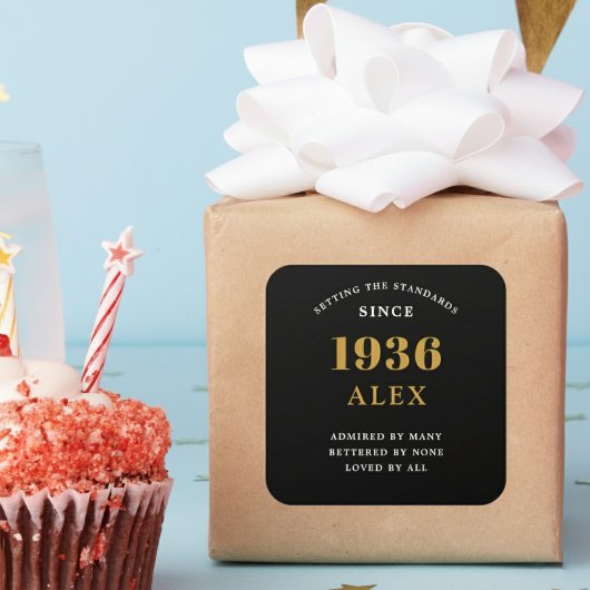 90th Birthday Name 1936 Black Gold Elegant Chic Vierkante Sticker