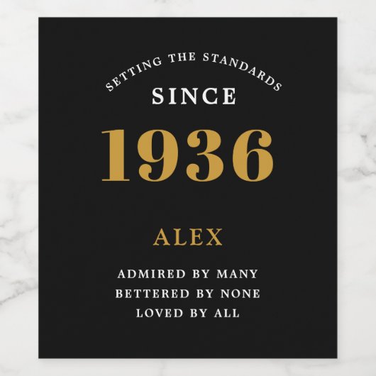 90th Birthday Name 1936 Black Gold Elegant Chic Wijn Etiket (Enkel label)