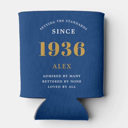 90th Birthday Name 1936 Blue Gold Elegant Chic Blikjeskoeler (Achterkant)