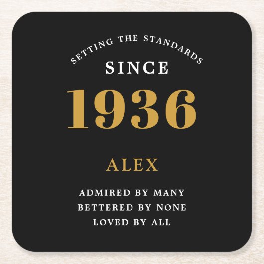 90th Birthday Name 1936 Year Black Gold Custom Kartonnen Onderzetters (Voorkant)