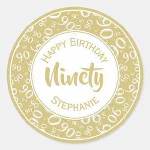 90th Birthday Number Pattern Gold en White Ronde Sticker