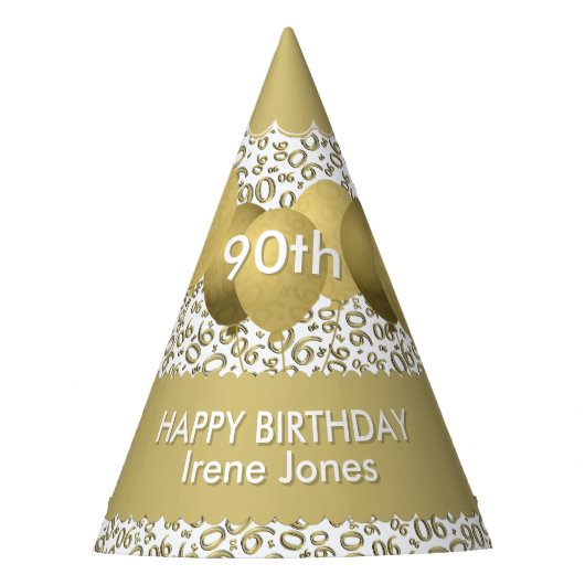 90th Birthday Number Pattern Gold/White Scallops Feesthoedjes (Voorkant)