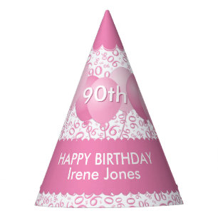 90th Birthday Number Pattern roze/White Scallops Feesthoedjes