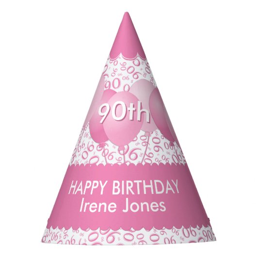 90th Birthday Number Pattern roze/White Scallops Feesthoedjes (Voorkant)