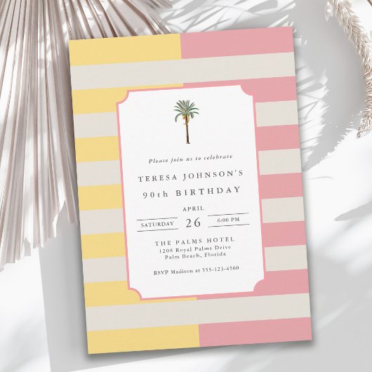 90th Birthday Palm Beach Pastel Stripe Tropical Kaart