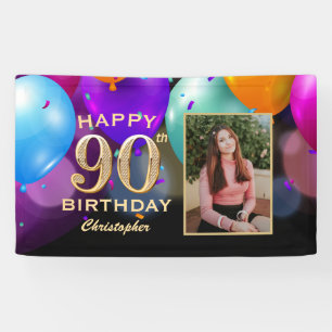 90th Birthday Party Black and Gold Balloons Foto Spandoek