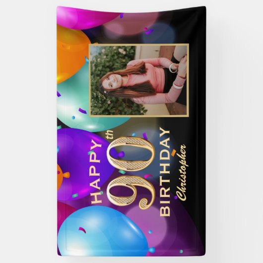 90th Birthday Party Black and Gold Balloons Foto Spandoek (Verticaal)