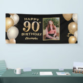 90th Birthday Party Black and Gold Balloons Foto Spandoek (Beurs)